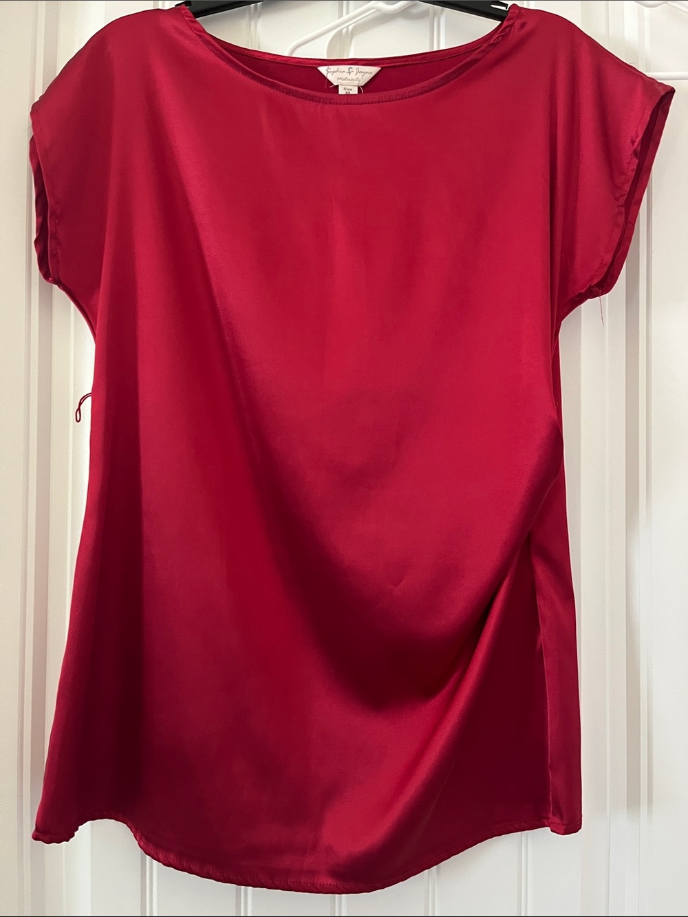 Soprano Satin Short-Sleeve Maternity Blouse in Deep Red